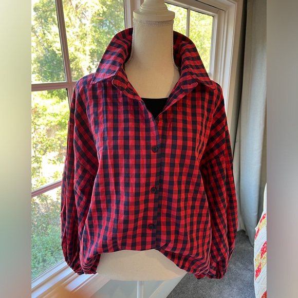 NWOT Nanatee red and blue checkered top, size medium - Picture 1 of 5